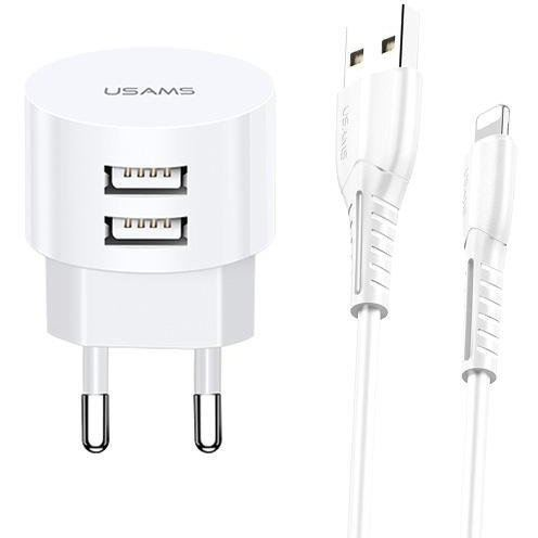 Мрежово зарядно, Usams XTXLOGT1804, Lightning 2.1A, Включен 100 см Lightning кабел, Бял, 1354794 (XTXLOGT1804)
